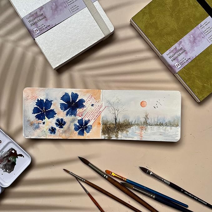 tumuarta Watercolor Sketchbook, 5x7.5, 140 LB, 300 GSM, 100% Cotton Paper, Cold Press, 24 Sheets, 48 Pages, Watercolor Journal for Use As Travel Sketch Book and Mixed Media Pad On The Go.5x7.5 Green
