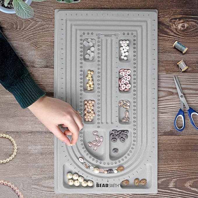 The Beadsmith Bead Board, Grey Flocked, 3 U-Shape and 3 Straight Channels, 10 x 18.5 inches, Design Boards for Creating Bracelets, Necklaces and Other Jewelry