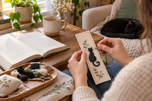 Adult hands stitching a narrow black-cat-inspired bookmark beside an open book on a warm wooden table.
