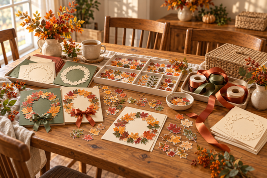 Adult autumn craft table with paper wreath cards, leaf stickers, and ribbon organized into three simple supply zones.