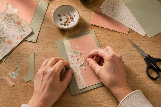 Hands adding a small decorative craft brad to a handmade paper card.