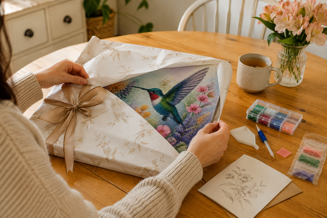Adult opening a colorful diamond art project beside a handwritten gift card.
