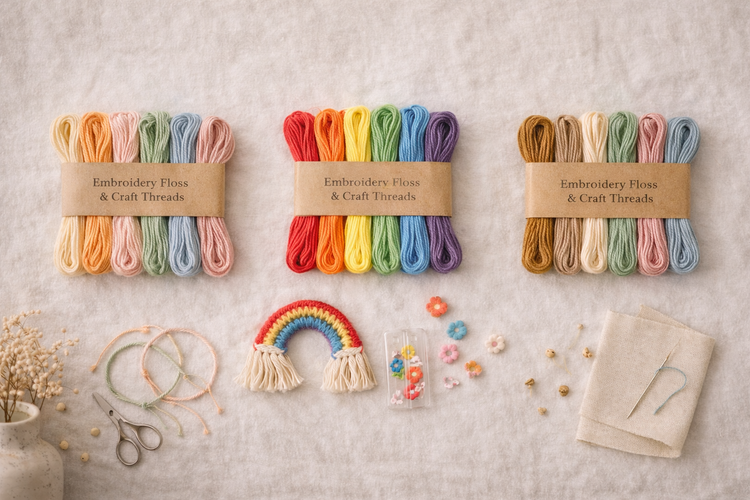 Flatlay of colorful thread and embroidery floss packs arranged in neat bundles on a white background.