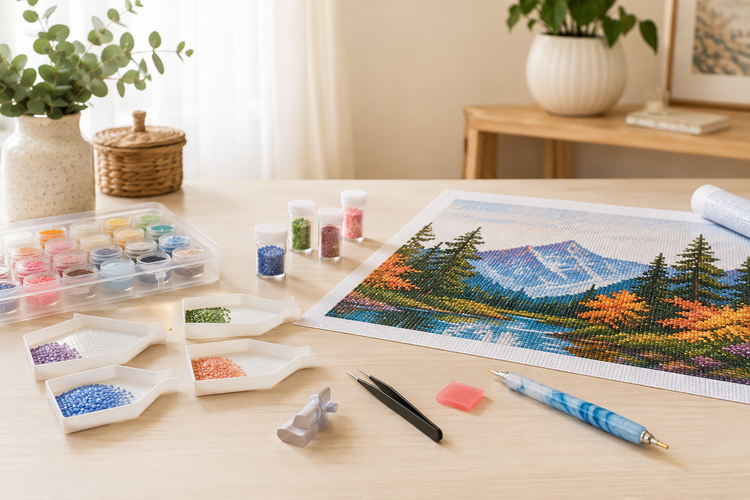 A bright craft table with diamond painting kits, mosaic pieces, colorful gems, trays, tools, and a partially finished design