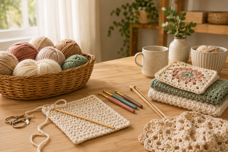 A cozy craft table with wool yarn, specialty yarn skeins, crochet hooks, knitting needles, textured handmade pieces, and craft tools