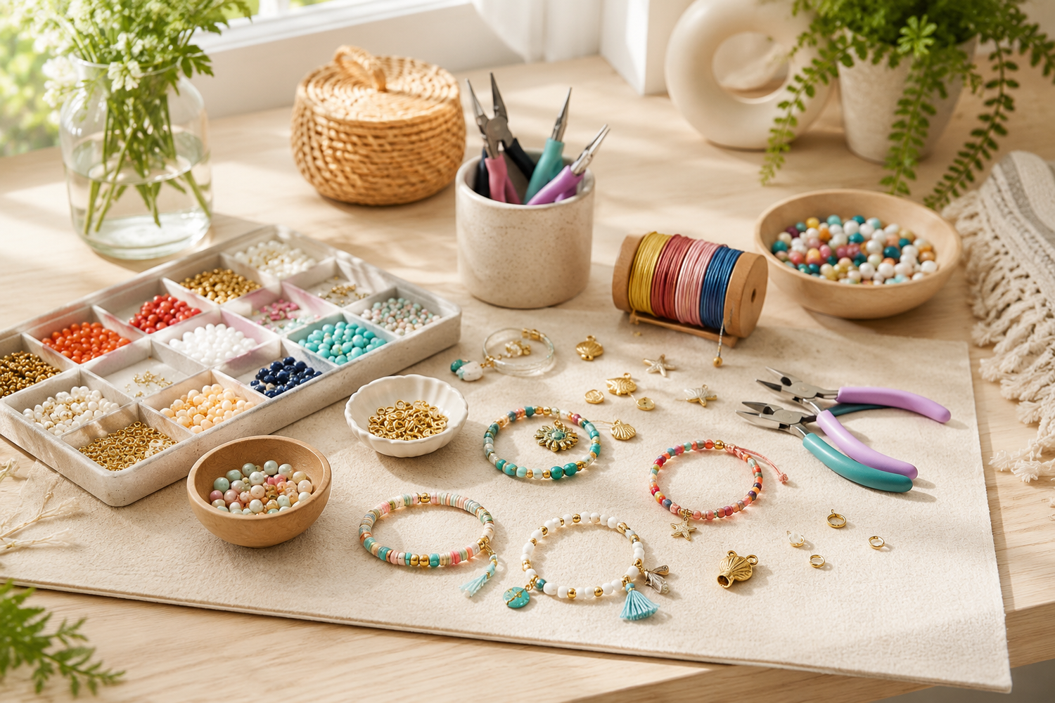 A bright craft table with colorful beads, charms, cords, jewelry tools, trays, and handmade bracelets in soft natural light. Warm neutral tones, playful craft accents, clean Shopify banner style. No text, no logo, no watermark.