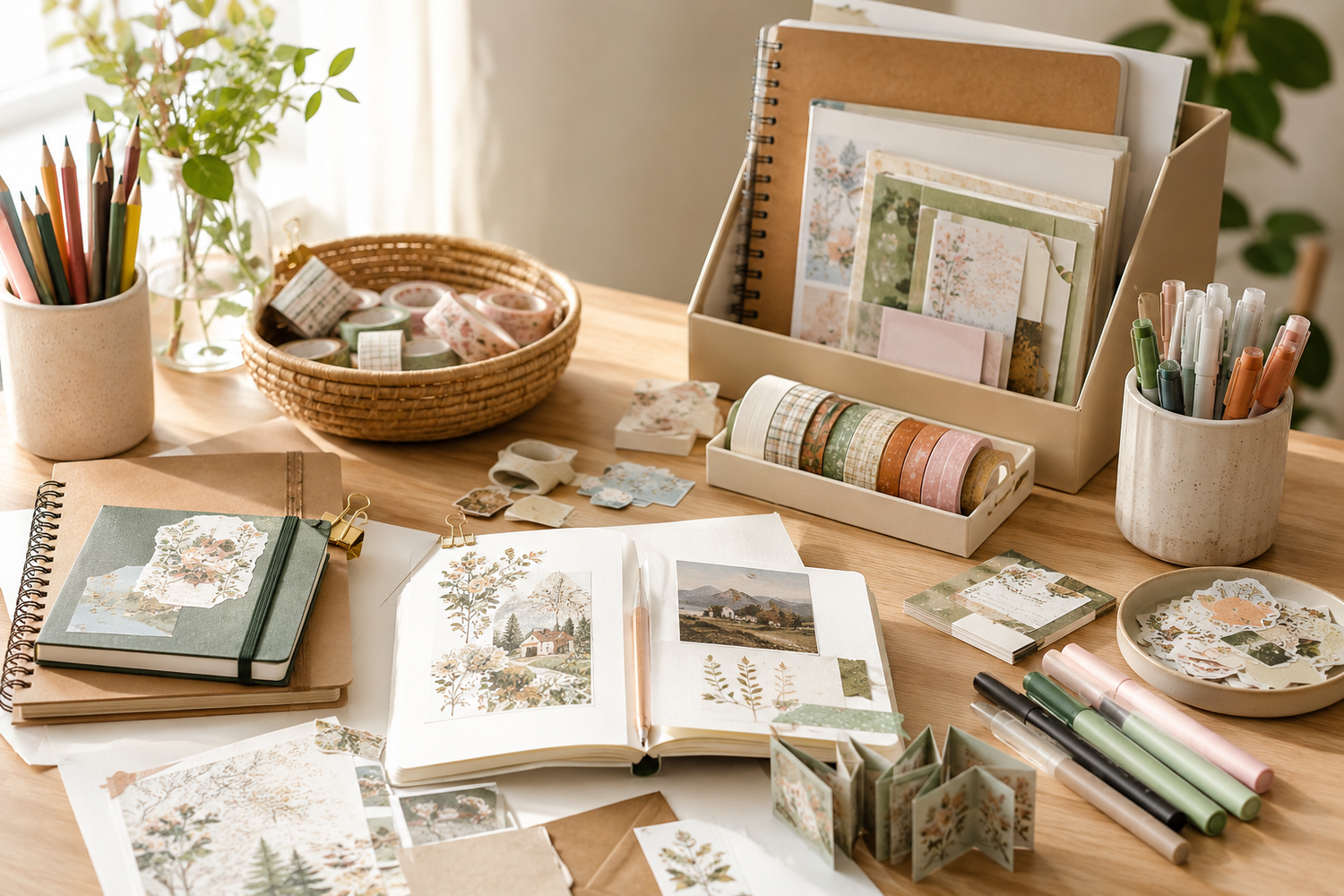 A bright craft table with sketchbooks, art paper, journals, stickers, washi tape, pencils, markers, and paper crafts