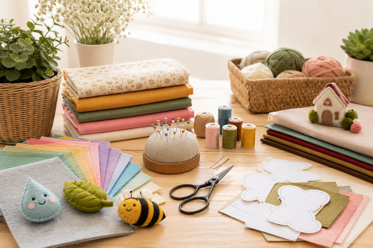 A bright craft table with fabric sheets, felt sheets, scissors, thread, needles, templates, and handmade pieces