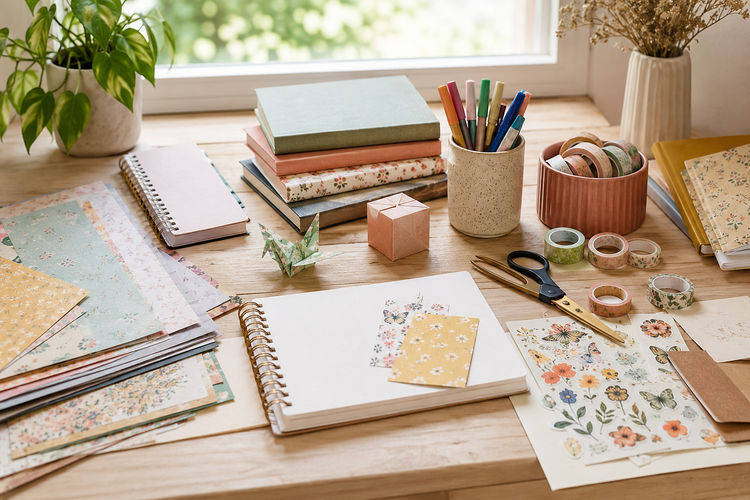 A bright craft table with art paper, decorative paper, sketchbooks, notebooks, stickers, washi tape, scissors, and paper crafts