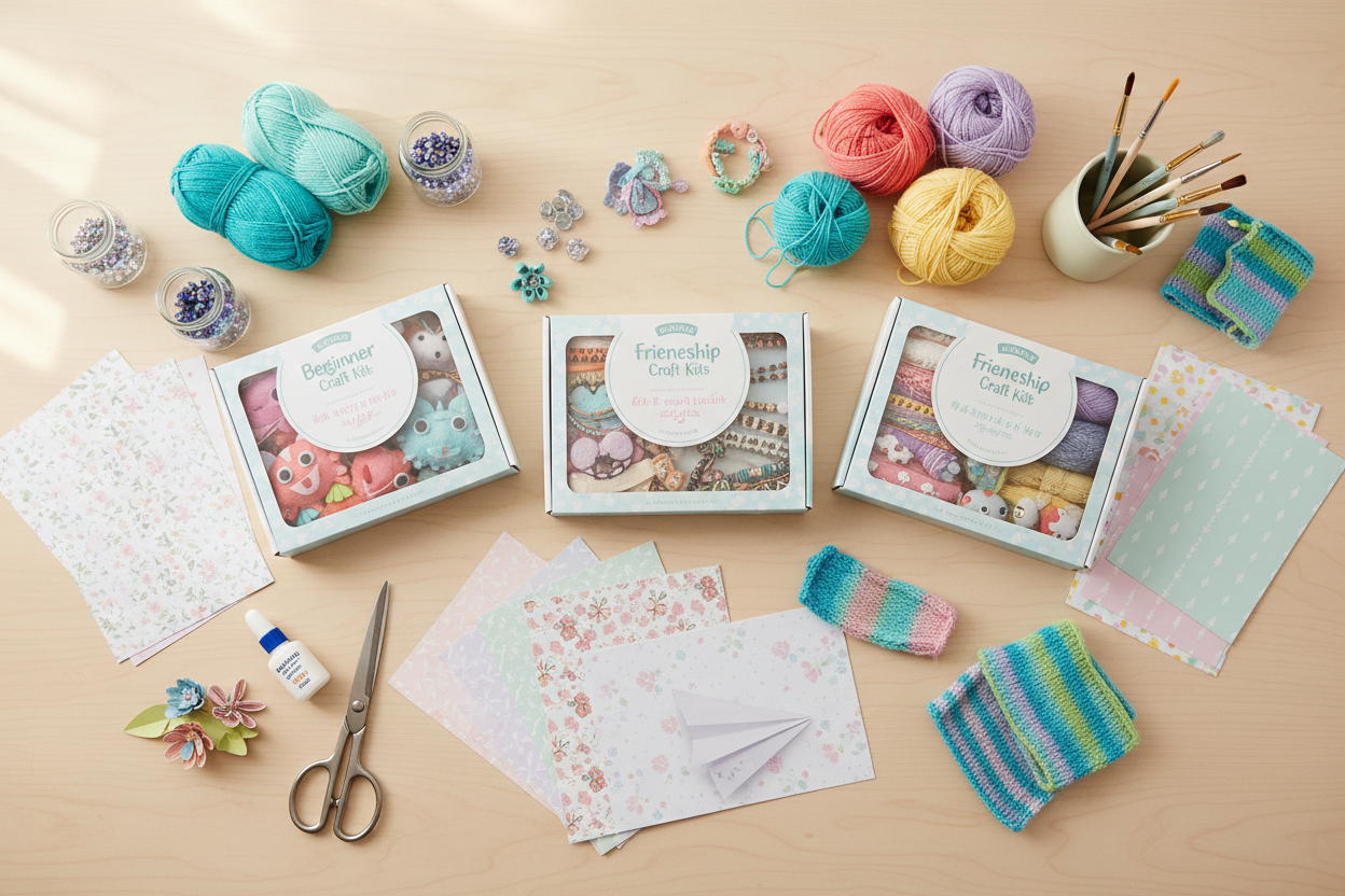 A bright craft table with beginner kits, detailed projects, yarn, beads, paper, tools, and finished crafts