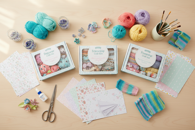A bright craft table with beginner kits, detailed projects, yarn, beads, paper, tools, and finished crafts