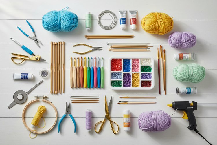 A bright craft table with crochet hooks, knitting needles, beading trays, paint brushes, scissors, yarn, beads, and craft tools