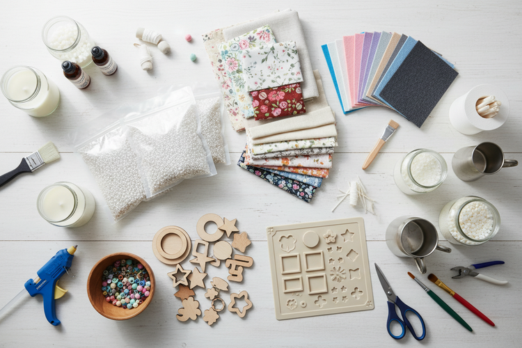 A bright craft table with refill packs, fabric, felt, wood blanks, candle supplies, resin molds, beads, and tools