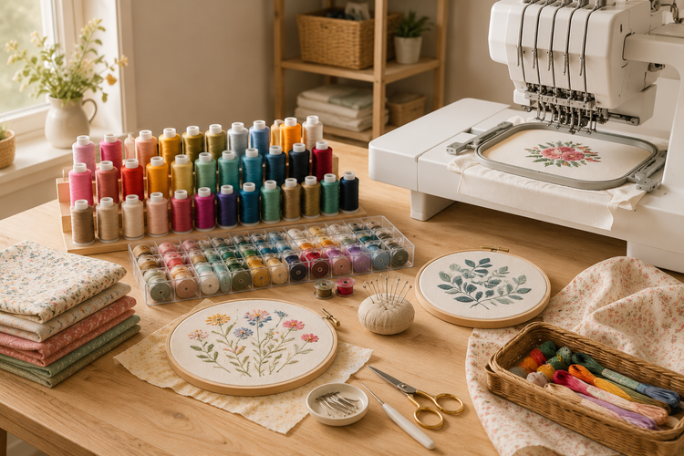 A clean sewing table with embroidery machine thread, colorful spools, fabric, hoops, needles, scissors, and stitched designs