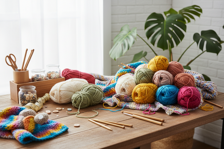 A cozy craft table with acrylic yarn balls, crochet hooks, knitting needles, colorful handmade pieces, and craft tools