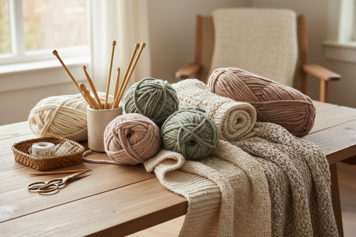 A cozy craft table with chunky yarn, blanket yarn, crochet hooks, knitting needles, handmade blankets, and craft tools