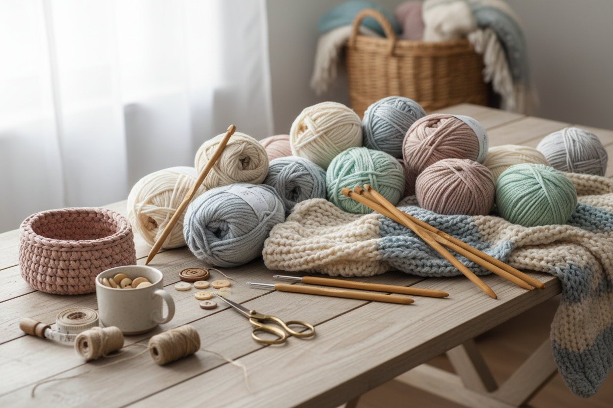 A cozy craft table with cotton yarn balls, crochet hooks, knitting needles, handmade pieces, and craft tools