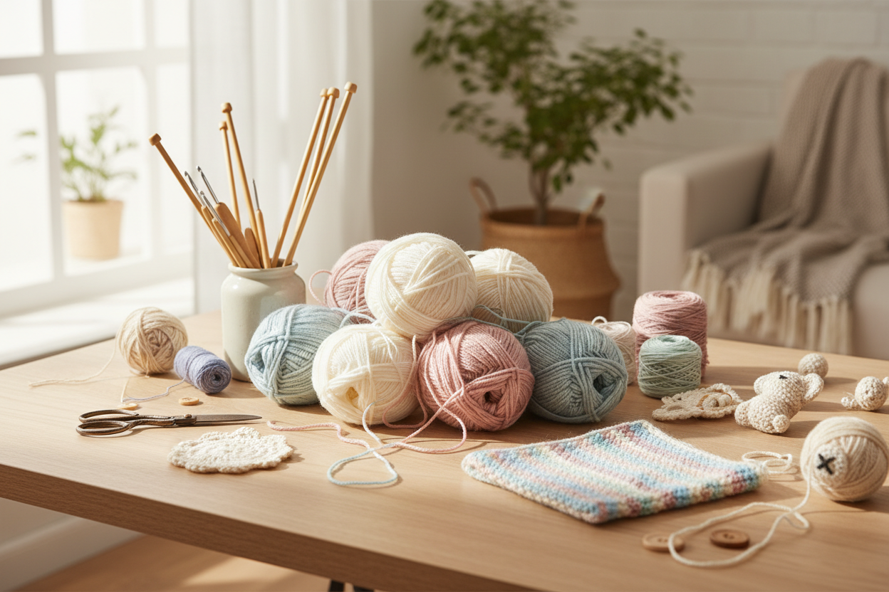 A cozy craft table with soft pastel yarn balls, crochet hooks, knitting needles, handmade pieces, and craft tools