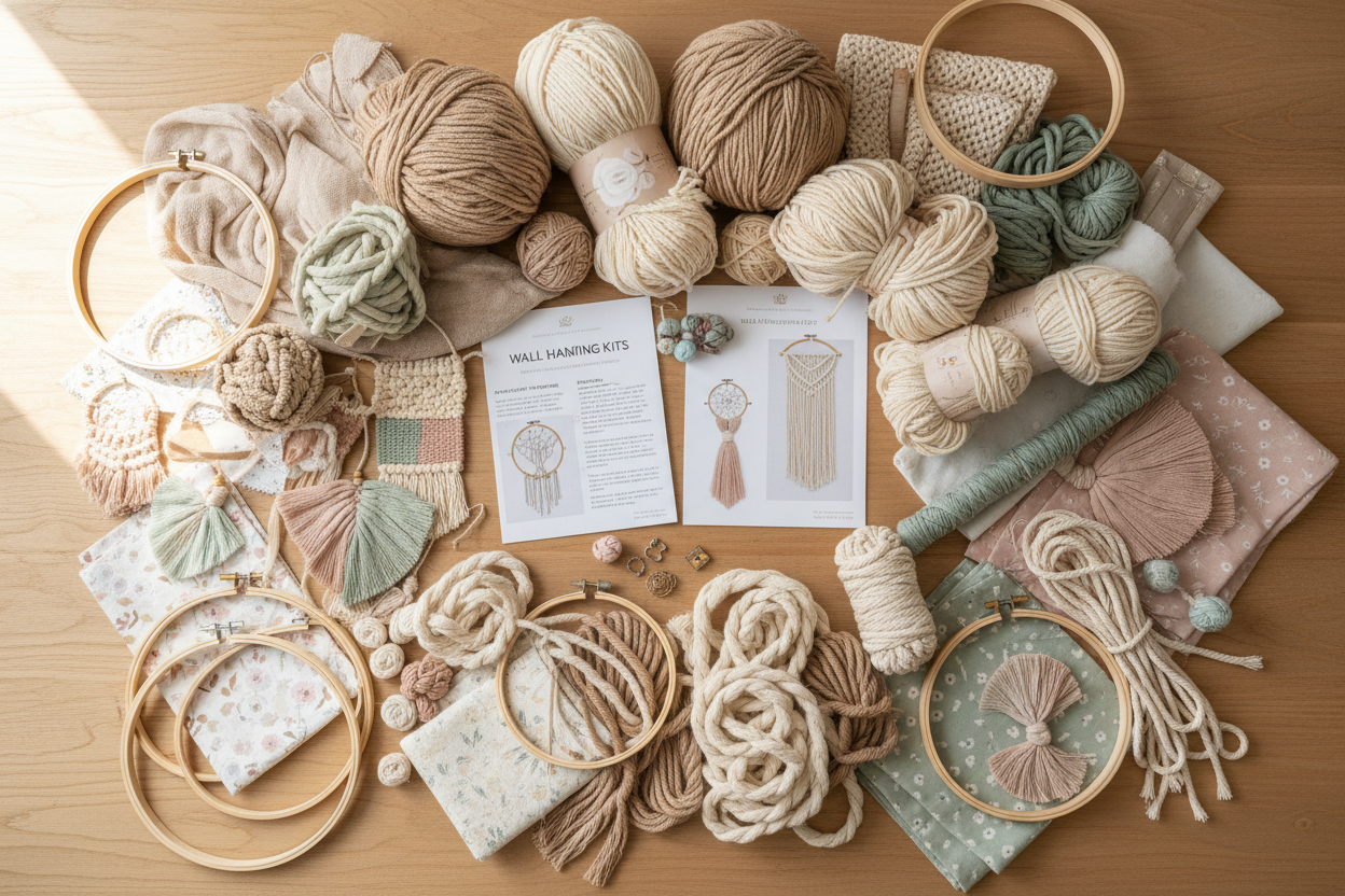 A cozy craft table with yarn, fabric, hoops, cords, and handmade wall hanging decor kits