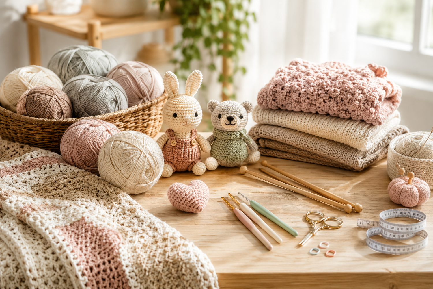 A cozy craft table with yarn balls, crochet hooks, knitting needles, amigurumi pieces, handmade projects, and craft tools