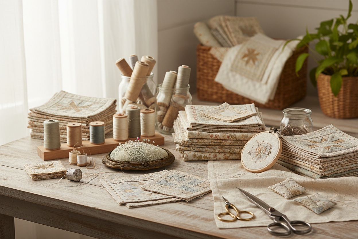 A cozy sewing table with sewing thread, quilting thread, fabric squares, needles, scissors, pins, and small stitched projects
