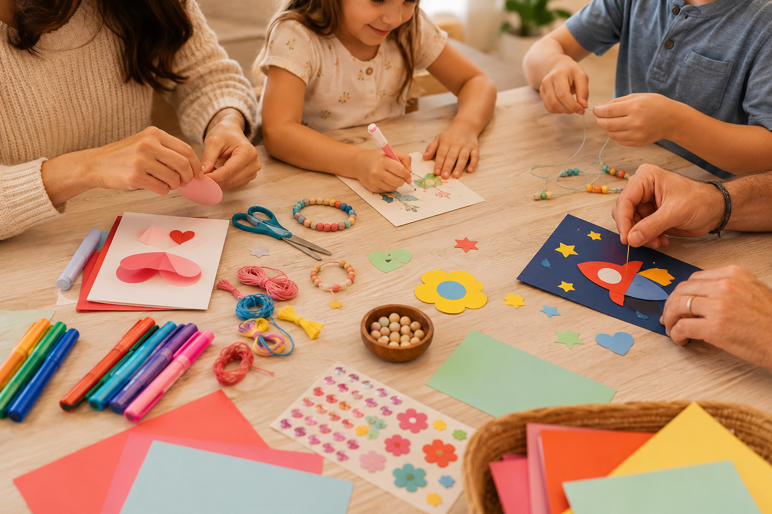Family craft night scene with kids and adults making simple DIY projects together at a table, with beads, yarn, stickers and paper supplies spread out neatly.