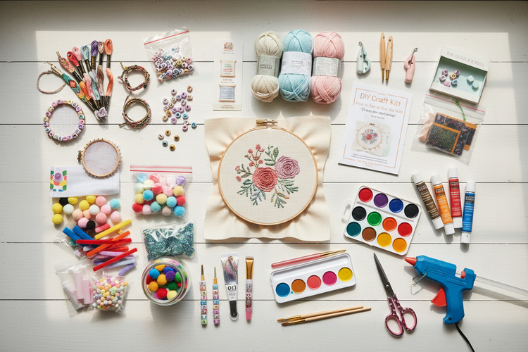 Flatlay of assorted DIY craft kits, including bracelet, hoop art, crochet, yarn, stickers and journals, arranged neatly on a white background.