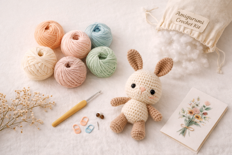 Pastel amigurumi crochet kit flatlay with soft yarn balls, crochet hook, stuffing and a small partially finished plush animal on a white background.