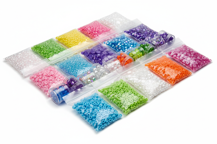 Flatlay of colorful bead refill packs with assorted pastel beads sorted into small sections on a white background.