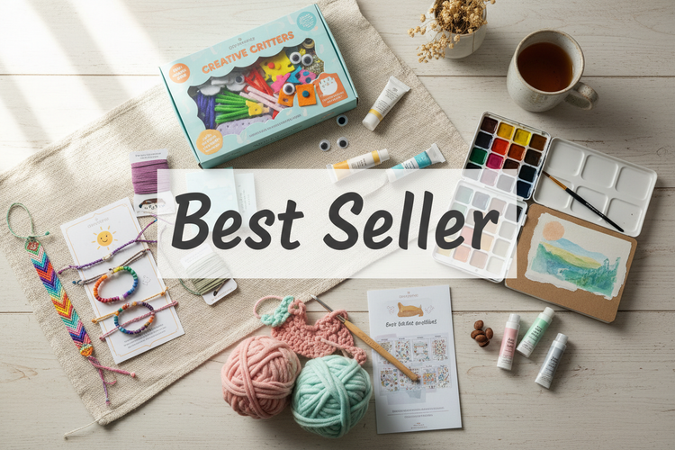 Flatlay of assorted best-selling DIY kits, including bracelet, hoop art, crochet, kids’ crafts and journaling supplies, arranged neatly on a white background.