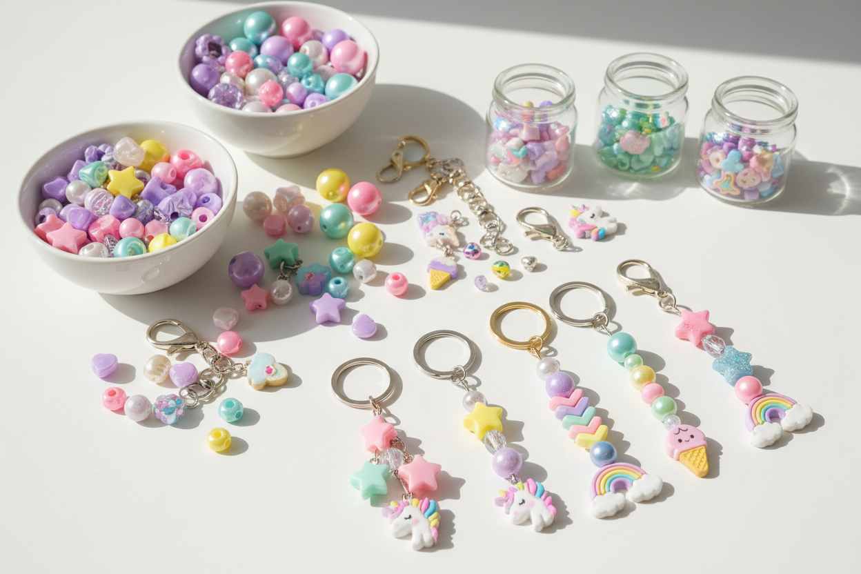 Pastel DIY necklace kit flatlay with colorful beads, charms, chains and cords neatly arranged on a white background.