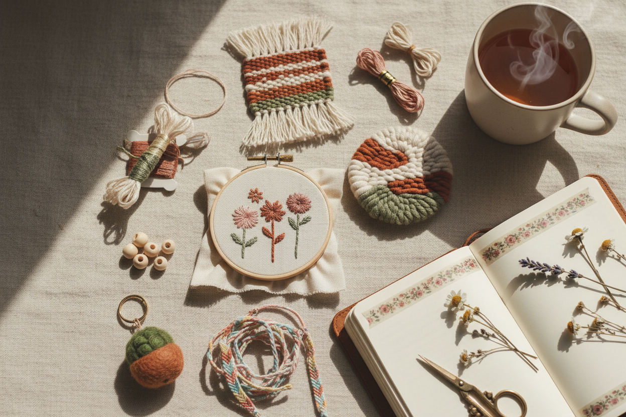 Flatlay of assorted beginner-friendly DIY kits labeled “Easy Weekend Projects,” including small hoop art, punch needle, mini tapestry and bracelet supplies on a white background.
