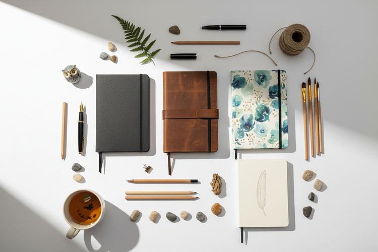 A bright craft table with journals, notebooks, pens, stickers, washi tape, and stationery for journaling and creative planning