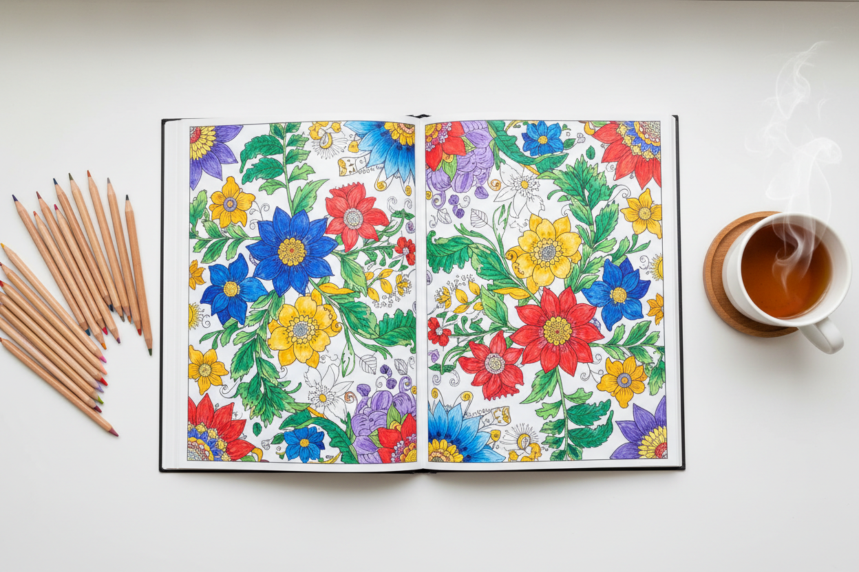 Flatlay of an adult coloring book open to floral pages, with colored pencils and a mug of tea arranged neatly on a white desk.