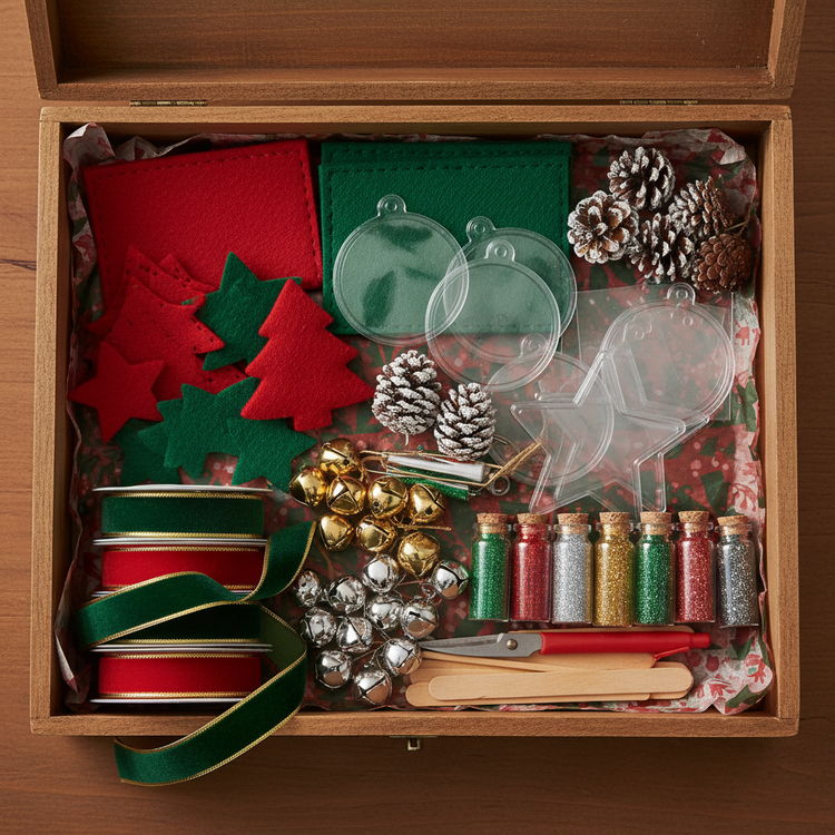 Flatlay of seasonal DIY kits labeled “Seasonal Picks,” with floral, autumnal and wintery craft supplies arranged in soft, coordinated colors on a white background.