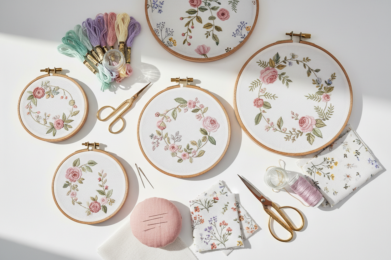 Pastel embroidery hoop kit flatlay with wooden hoop, printed fabric, colorful threads and needle arranged on a white background.