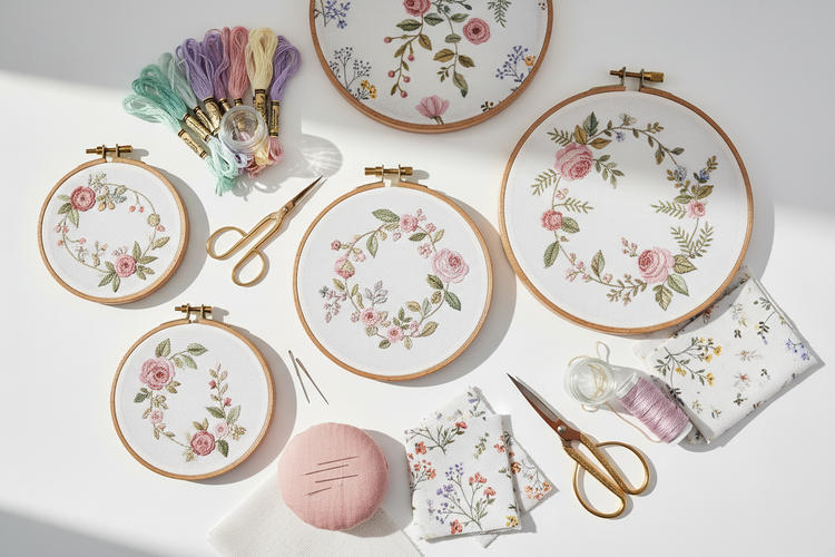 Pastel embroidery hoop kit flatlay with wooden hoop, printed fabric, colorful threads and needle arranged on a white background.