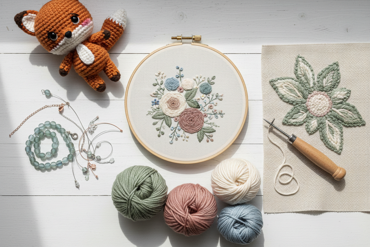 Flatlay of intermediate-level DIY craft supplies, including detailed hoop art, punch needle, amigurumi and jewelry materials arranged on a white background.