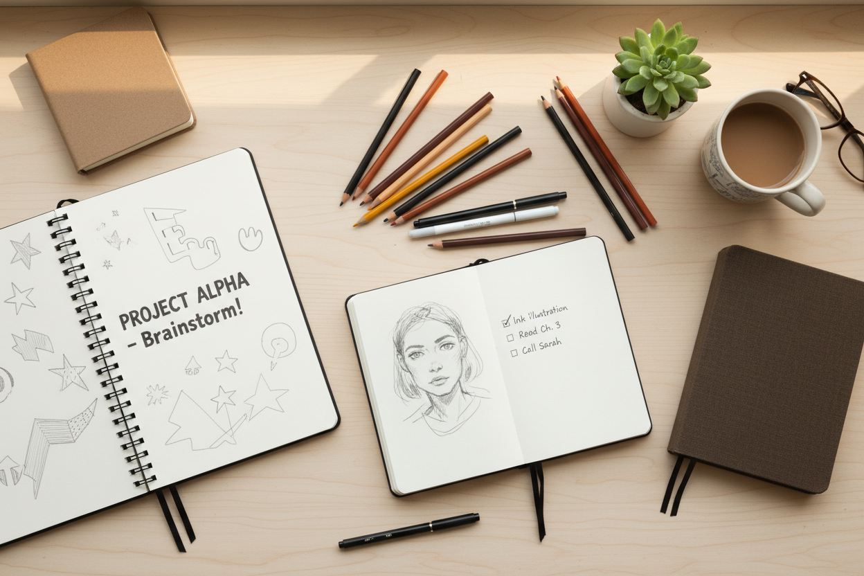A bright craft table with sketchbooks, drawing pads, pencils, markers, and art supplies for everyday drawing and creative projects