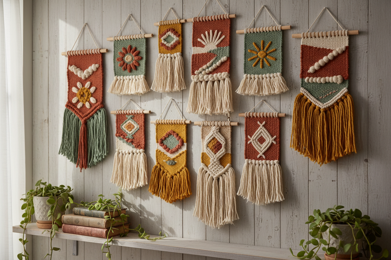 Flatlay of a mini tapestry kit with a small wooden dowel, yarn, fabric pieces and a partially woven mini wall hanging on a white background.