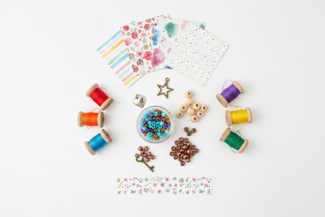 Mixed DIY sampler kit flatlay with small portions of beads, charms, threads, stickers and papers arranged on a white background.