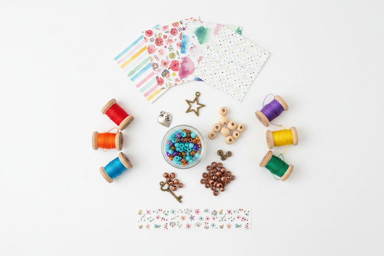 Mixed DIY sampler kit flatlay with small portions of beads, charms, threads, stickers and papers arranged on a white background.