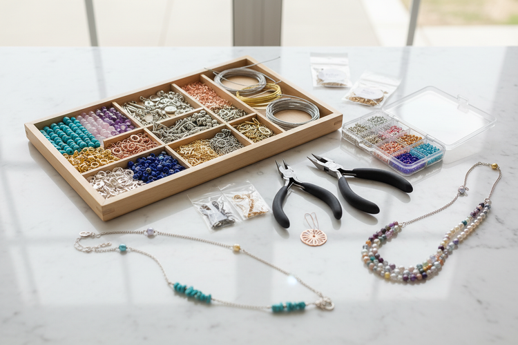 Pastel DIY necklace kit flatlay with colorful beads, charms, chains and cords neatly arranged on a white background.