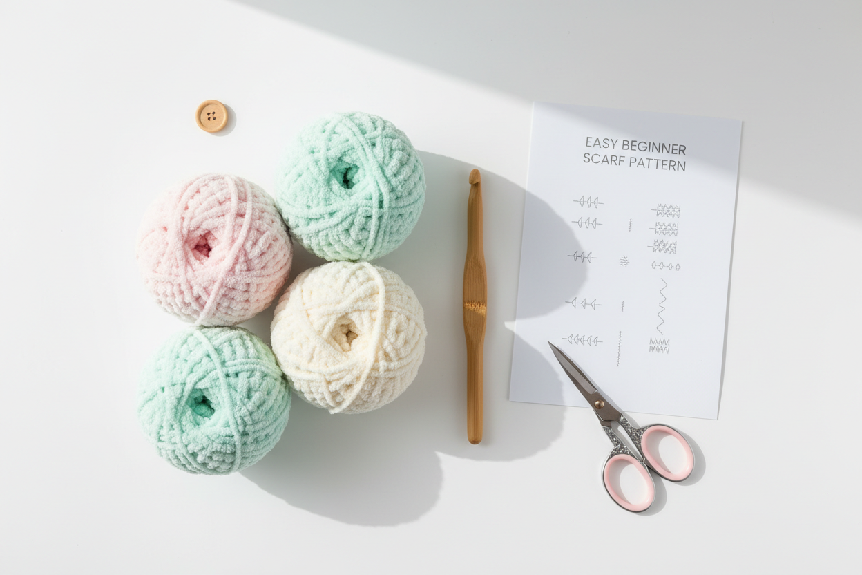 Pastel crochet starter set flatlay with crochet hook, soft yarn balls, simple pattern sheet and small scissors on a white background.