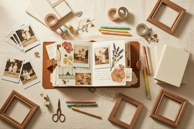 Flatlay of a photo and memory project kit with printed photos, twine, mini clips, stickers and washi tape arranged neatly on a white desk.