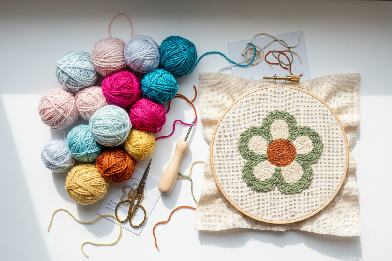 Pastel punch needle kit flatlay with hoop, fabric, yarn, punch needle tool and scissors arranged on a white background.