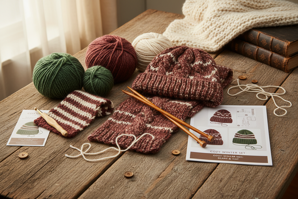 Pastel scarf and hat kit flatlay with soft yarn balls, knitting needles or crochet hook, simple pattern sheet and small scissors on a white background.