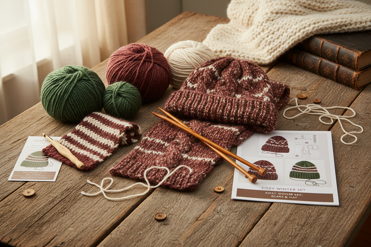Pastel scarf and hat kit flatlay with soft yarn balls, knitting needles or crochet hook, simple pattern sheet and small scissors on a white background.