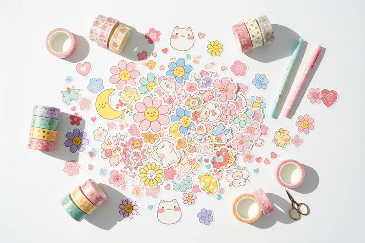 Flatlay of pastel stickers and washi tape rolls arranged around an open notebook on a white desk.