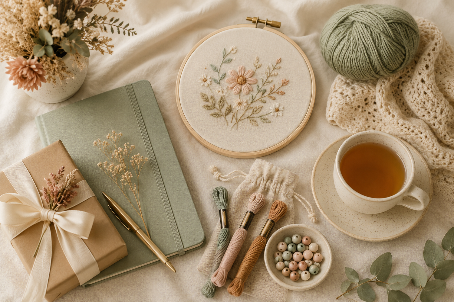 A cozy craft gift table with craft kits, beads, yarn, journals, ribbons, gift wrap, and handmade projects